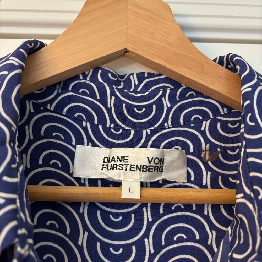 Diane Von Furstenburg Blue White Patterned Sleeveless Knee Length Dress Belt L - Picture 3 of 12